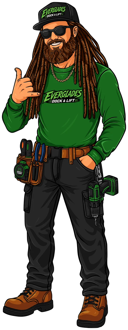 Illustration of JJ Spivey, the Everglades Dock and Lift mascot, in a green company shirt with a tool belt, giving a shaka